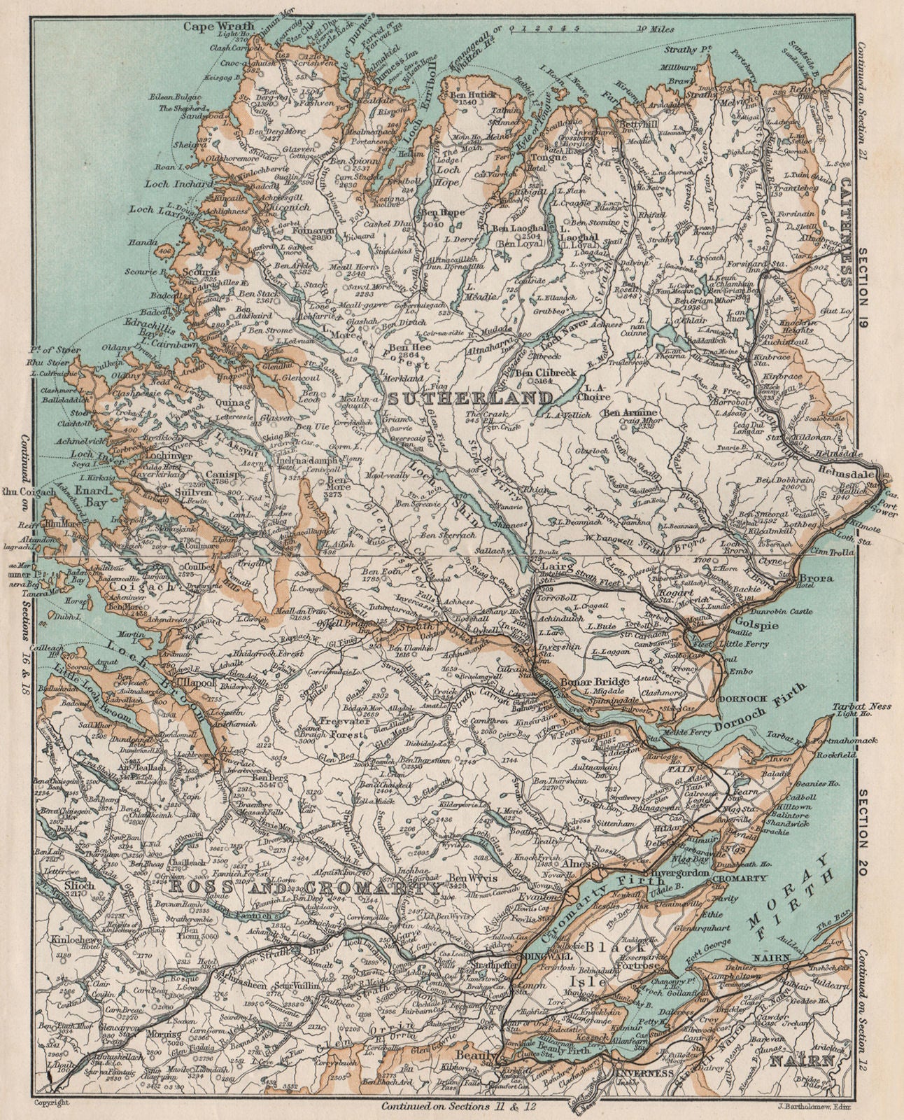SCOTTISH HIGHLANDS. Ross & Cromarty. Sutherland. Vintage map. Scotland 1905
